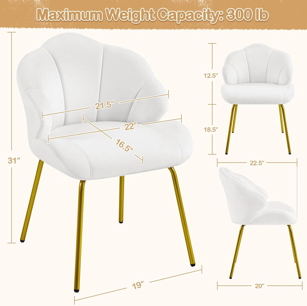 Vanity Chair, Velvet Accent Chair with Shell-Shaped Backrest, Modern Armchair with Gold Metal Legs for Dressing Room/Bedroom/Living Room, White