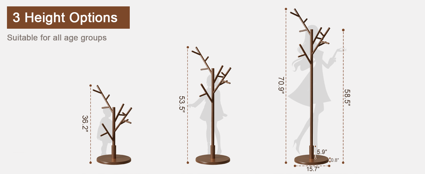 Coat Rack,Solid Wood Coat Rack Freestanding with 12 Hooks,Coat tree freestanding 3 Adjustable Heights for coat, Hats, Handbags，Coat Stand for Entryway,Bedroom (Walnut)