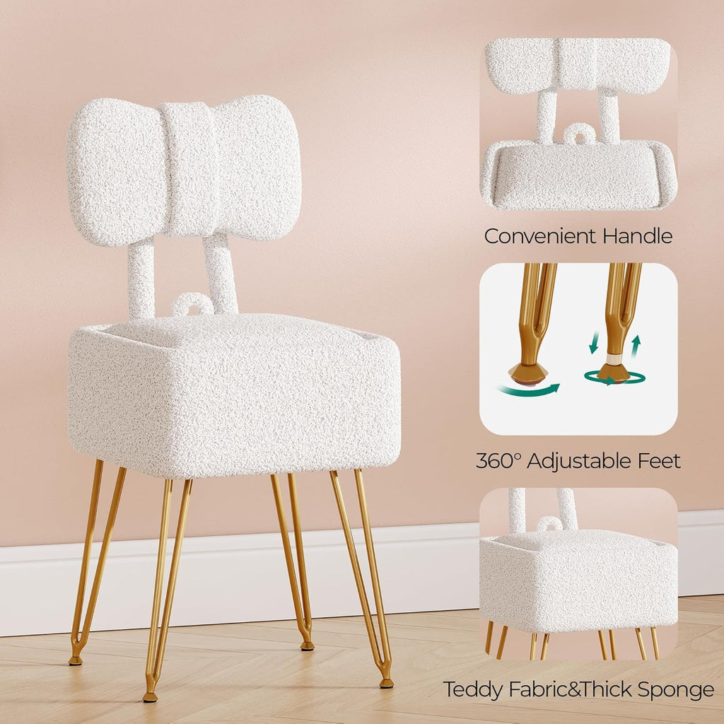 Small Vanity Chair with Storage and Folding Back, 14.2" D x 12.6" W x 28.3" H Soft Storage Ottoman, Footrest Stool, Teddy Fleece Vanity Stool for Makeup, Bedroom, Living Room, White