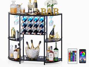 JKsmart Wine Bar Cabinet with LED Lights, Mini Wine Rack with Storage and Glass Holder, Home Bar Cart for Liquor, 3-Tier Bar Table for Kitchen, Dining Room, Living Room, Rustic Brown