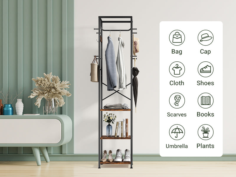 Coat Rack Freestanding, Hall Tree with 3 Storage Shelves and 12 Hooks, Industrial Clothes Rack Stand Organizer for Bedroom, Hallway, Entryway, Office, Living Room, Rustic Brown