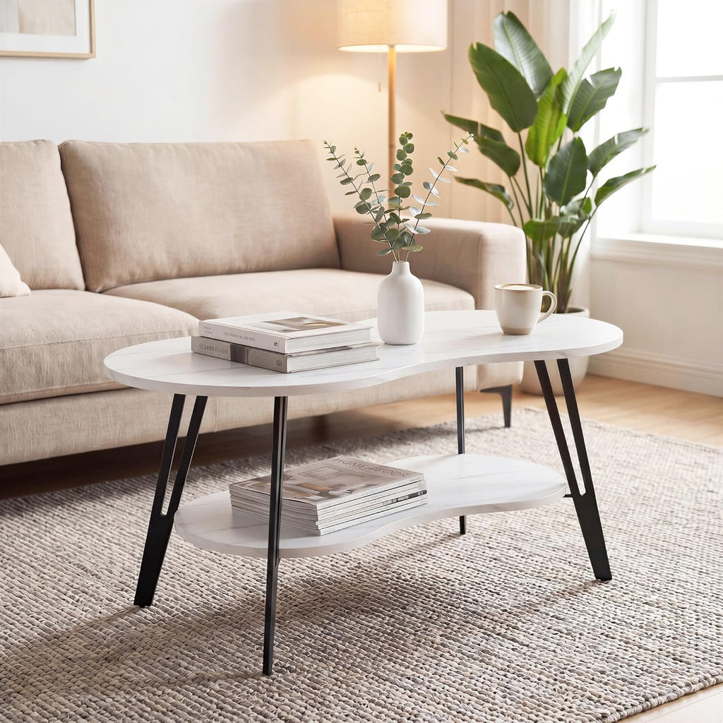 MWOOD Oval Coffee Table, 39.37" Center Table with Storage Shelf and Metal Leg, Waterproof & Scratch-Resistant Dining Table for Living Roome, Bedroom Marble-Patterned