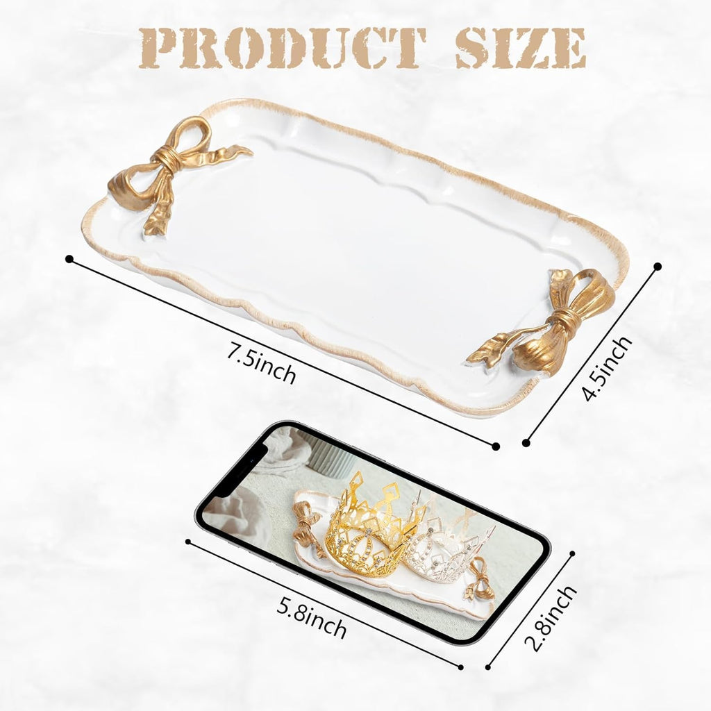 Jewelry Organizer, Decorative Tray for Jewelry, Towel, Storage, Rings, Bracelets, Earrings, Cosmetics, Retro Design, Bow Decor Resin Plate Coquette for Room Decor, White