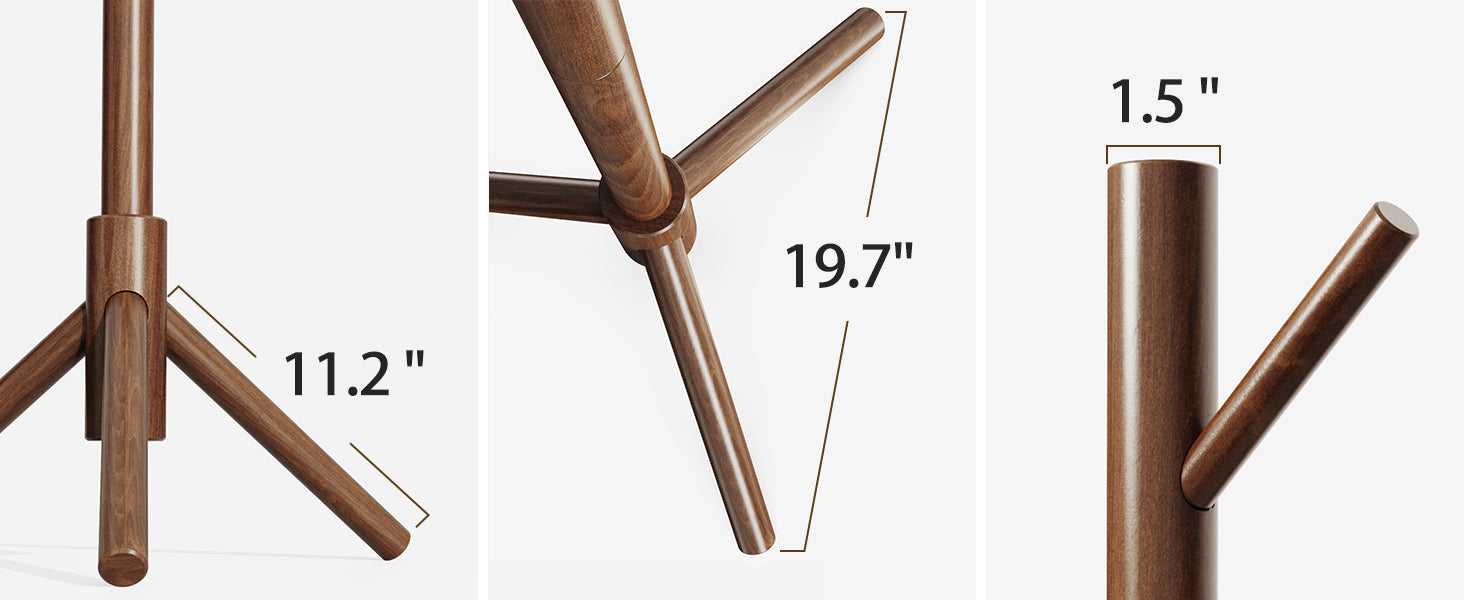 Sturdy Wooden Coat Tree with 8 Hooks, 3 Adjustable Sizes for Clothes, Hat Stand Used in Bedroom/Office/Entryway, Brown