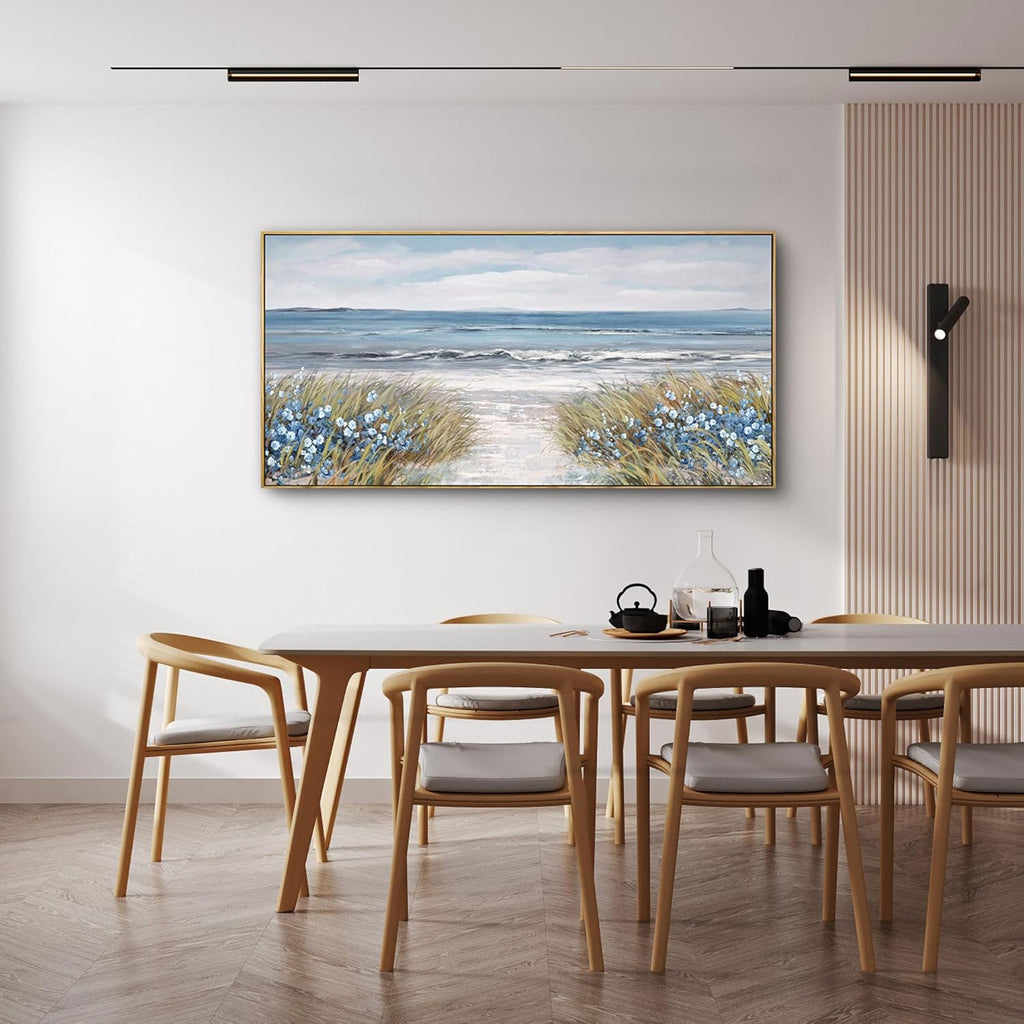 Framed Wall Art for Living Room Decor - Farmhouse Boho Beach Coastal Vintage Floral Ocean Wall Picture Flowers Sea Canvas Print Seascape Artwork for Home Living Room Bedroom Office 24x48