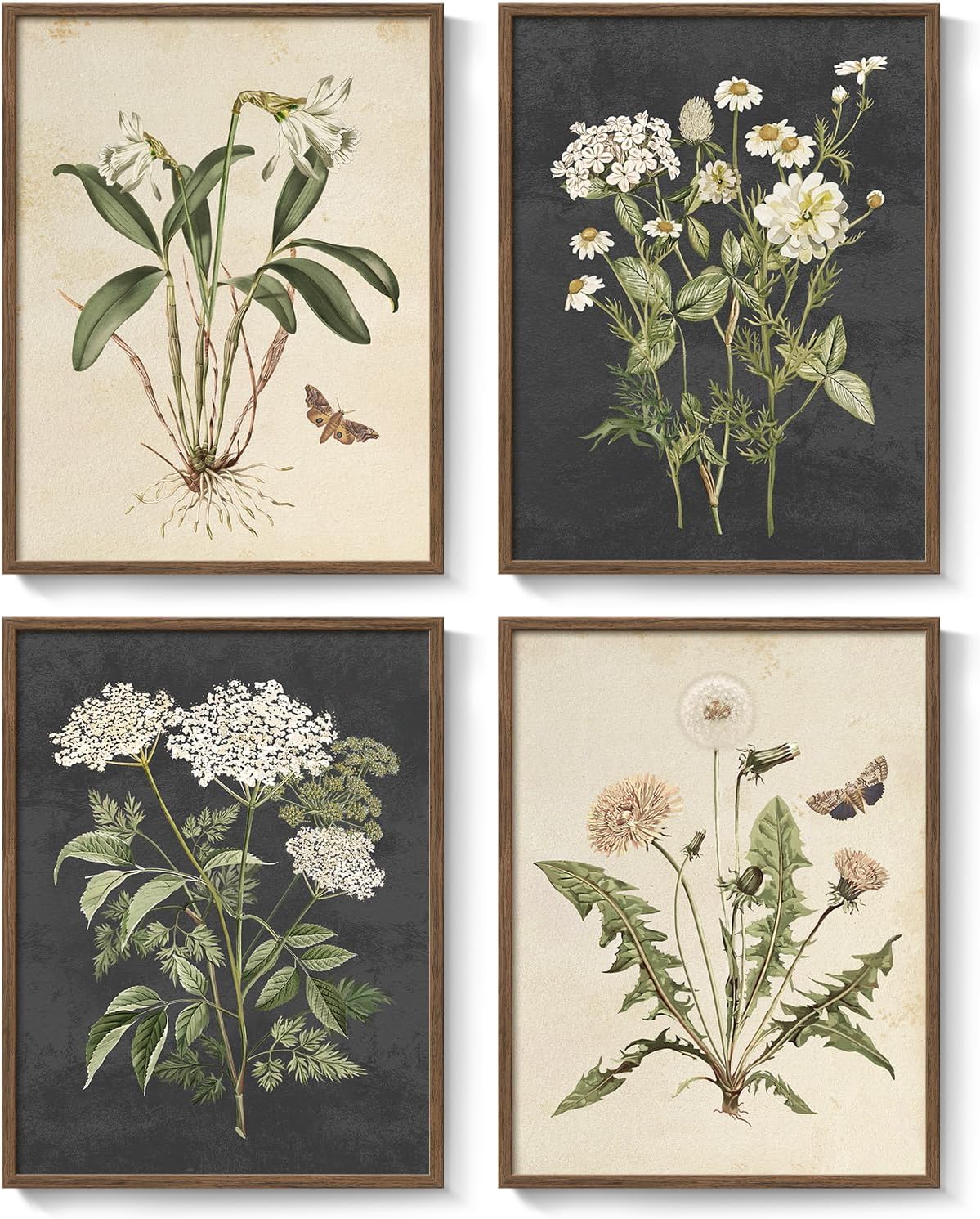 Framed Vintage Botanical Wall Art Bedroom, 4 Piece Rustic Farmhouse Floral Canvas Prints Artwork, Neutral Flower Butterfly Pictures for Modern Farmhouse Living Room Kitchen Bathroom Wall Decor, 11x14
