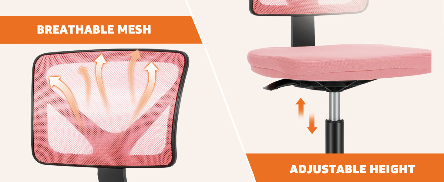 Small Desk Chair, Ergonomic Low-Back Mesh Rolling Work Swivel Chairs with Wheels, Armless Comfortable Seat Lumbar Support for Home, Bedroom, Study, Student, Adults,Classic Pink