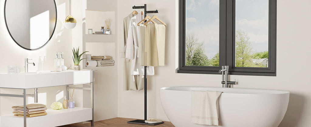 Garment Rack, Freestanding Metal Coat Racks, Z-shaped Coat Tree with Natural Rock Base, for Bedroom, Office, Hallway, Entryway, Living Room, 175cm, Black