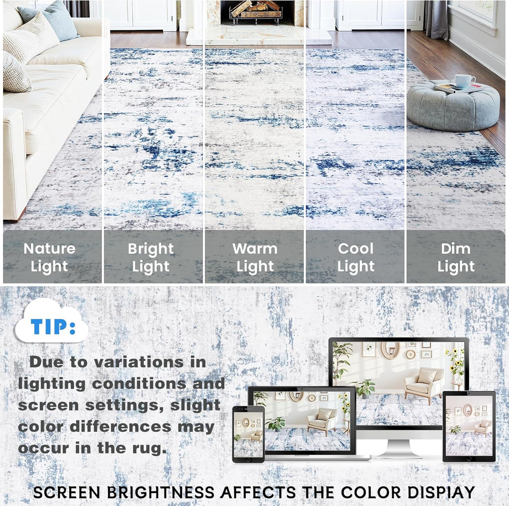 Area Rug Living Room Rugs: 5x7 Large Soft Indoor Carpet Modern Abstract Rug with Non Slip Rubber Backing for Under Dining Table Nursery Home Office Bedroom White Gray Blue