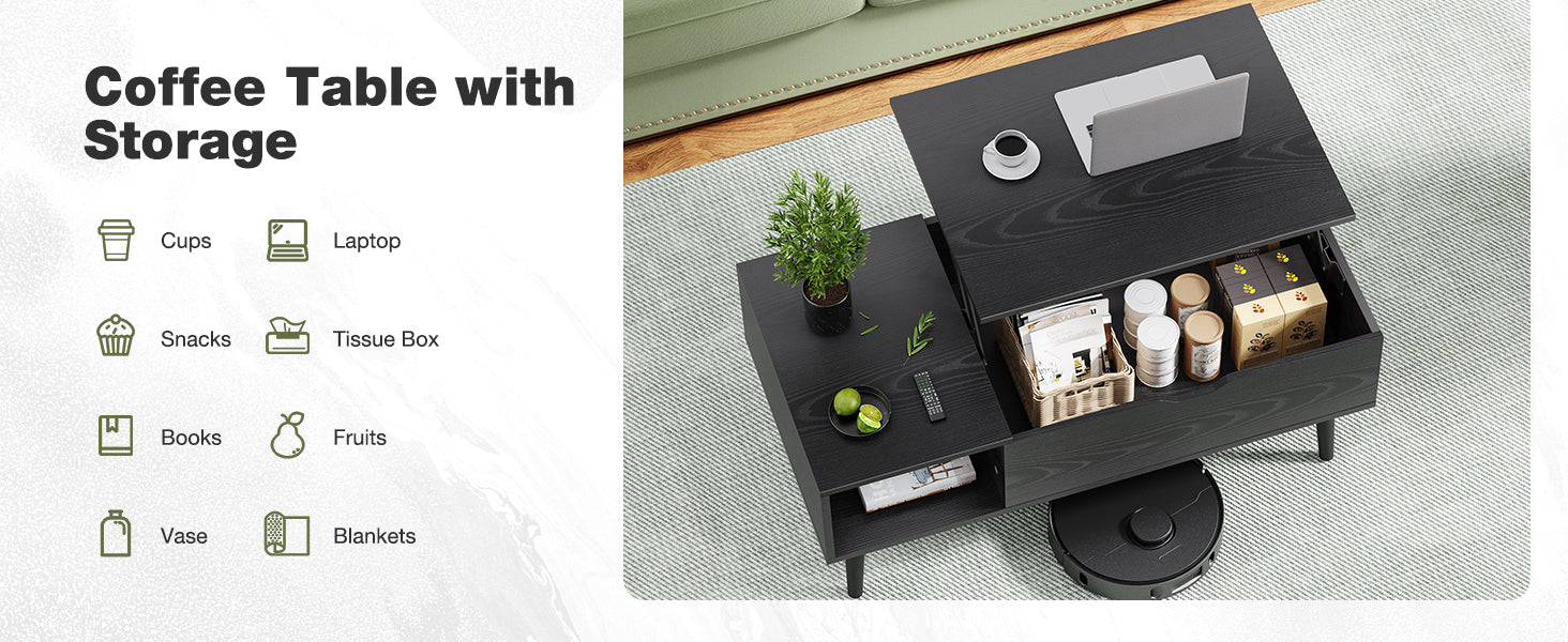 OLIXIS Wood Lift Top Coffee Table with Hidden Compartment and Large Storage Shelf, Lift Tabletop Dining Center Table for Home Living Room Office, Black